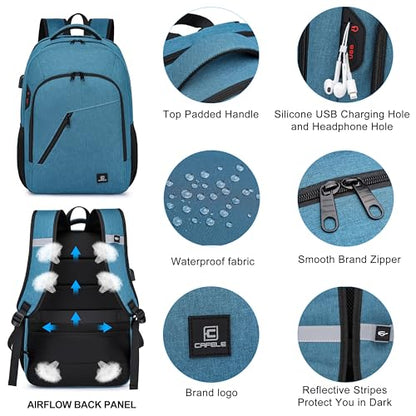 CAFELE Laptop Backpack 17.3 Inch Computer Backpack Daypack Water-Repellent Laptop Bag with USB Charging Port for Business/School/Travel/Women/Men (Lake blue, 17.3 Inches) - color: Lake Blue