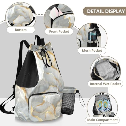 Drawstring Beach Bags Sports Gym Bag With Water Bottle Pocket String Back Pack Wet and Dry Separation Marble White Neutral - color: Color 12