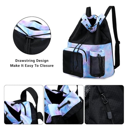 Lohol Large Mesh Drawstring Backpack with Shoe Bag, Durable Swimming String Sack with Handle for Sports Gym Yoga Beach Travel - color: Purple