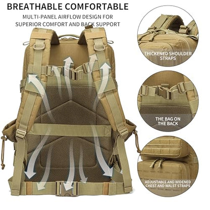 Military Tactical Backpack 45L/25L 3 Day Assault Pack Molle Daypack Hiking Backpack for Men and Women - color: Khaki-2, size: 45L