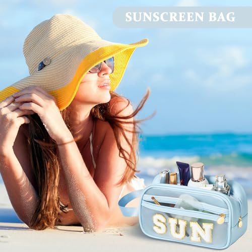 COSHAYSOO Clear Sunscreen Bag Makeup Toiletries Pouch Beach Vacation Essentials Summer Travel Stuff Accessories Personalized Graduation Gifts for Her Women College Teen Girls Teacher Nurse Blue SUN - color: Blue-SUN