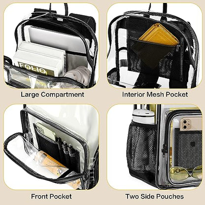 Clear Backpack Transparent Heavy Duty Bookbag See Through Bag with Reinforced Bottom for College, Travel, Workplace Security - Black - color: Black