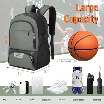 OCKLILY Basketball Backpack - Large Sports Equipment Bag with Ball Holder & Shoe Compartment, Sport Bags for Basketball, Soccer, Volleyball, Gym, School and Travel, 30L - color: Grey