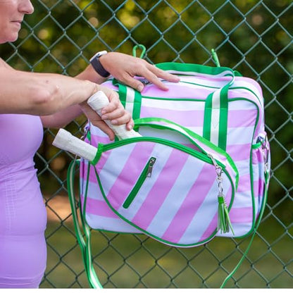Cute Prepster Pickleball Bag for Women with Fence Hook, Tote with Pockets for Water Bottle, Paddles, Balls, Accessories - color: Pink Stripe Pasadena