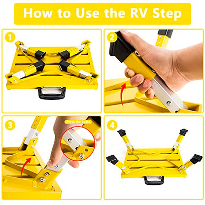 Homeon Wheels RV Steps Portable Foldable RV Steps Anti-Slip Surface with Handles Aluminum Folding Safety Platform Adjustable Height Heavy Duty for Camping Travel Trailer Truck - color: Yellow