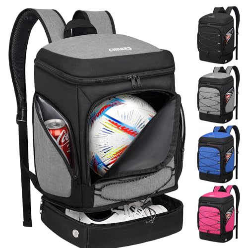 Soccer Bag - Soccer Backpack with Ball Holder,Sport Equipment Bags gifts for soccer stuff Water resistant Includes Separate Cleat Fit Basketball Volleyball Football - color: Grey