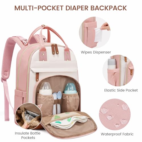 LOVEVOOK Diaper Bag Backpack, Baby Bag with Changing Pad, Large Diaper Backpack Boy Girl, Waterproof Baby Registry Bag for Mom Dad with Stroller Buckles, Pink-beige-brown - color: Pink-beige-brown