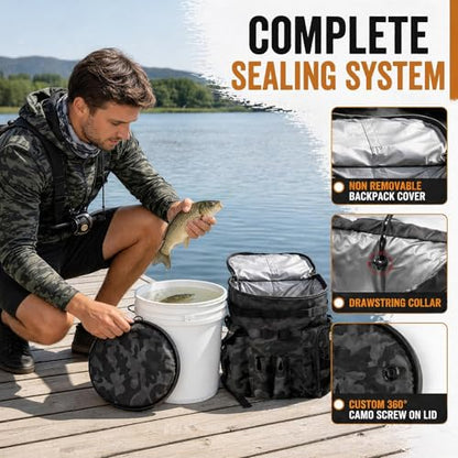 FUNHORUN Fishing Bucket Organizer with 5 Gallon Bucket & 360° Rotating Seat Lid, Fishing Tackle Bag with Backpack Straps, Full Water-Resistant Design & Multi-Pockets (Fishing Tools Not Included) - style: Complete Set (Including Bucket & 360° Rotating Seat