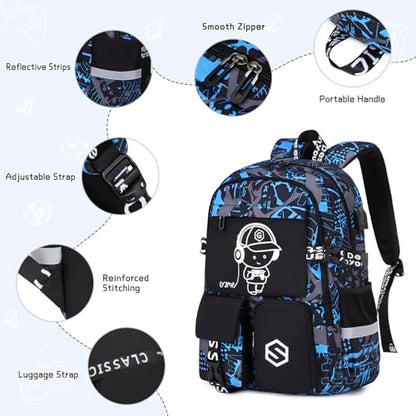 Scothen Boys Backpack, Cool Luminous Gamer School Backpacks for Boys with 14oz Insulated Water Bottle Lunch Bag Pencil Case, Kids Backpack Book Bags for Kindergarten Elementary Middle School - color: Blue Musicer