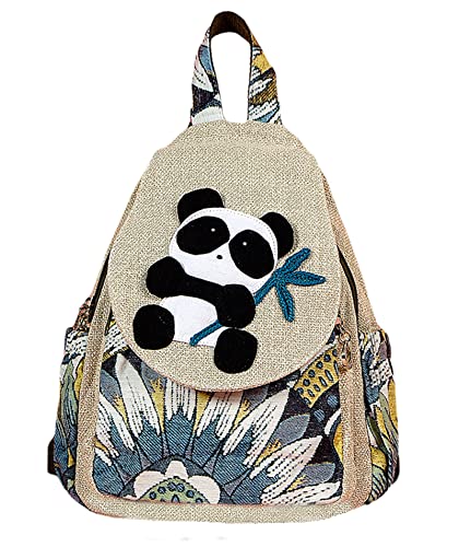 Small Canvas Backpack, Retro Boho Washed Hippie for Women Daily Commute (Panda Decorations) - color: Panda3