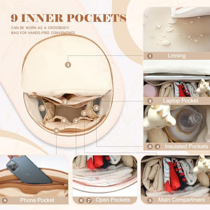 miss fong Diaper Bag Backpack Baby Diaper Bag, Large Leather Diaper Backpack with 16 Pockets Travel Diaper Bag with Diaper Changing Pad, Pañaleras Para Bebe for Moms(Convertible, Peanut) - color: Peanut