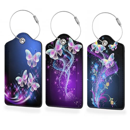 3 Pack Flying Butterfly Luggage Tags,Glowing Smoke Stars PU Leather Luggage Tags for Suitcase,Name ID Labels with Privacy Cover Suitcases and Metal Loop for Travel - color: Flying Butterfly Glowing Smoke Stars