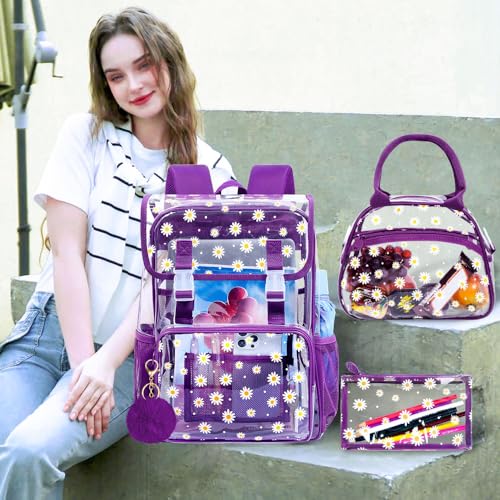 3Pcs Clear Backpack for School, Girls Kids Transparent Bookbag Set, 17" Daisy Stadium Approved See Through Backpack with Lunch Box (Deep Purple) - color: Purple Dasiy