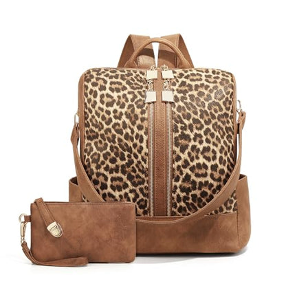 Women's Backpack with Wristlet Set, Large Capacity Tote Backpack for Women, Fashion Travel Backpack & Stylish Mommy Bag (Brown Leopard) - color: Brown Leopard