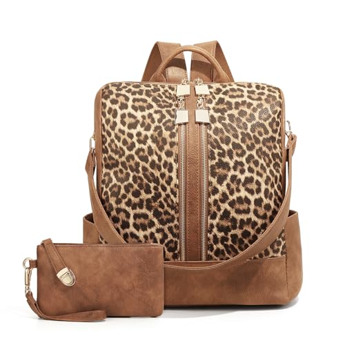 Women's Backpack with Wristlet Set, Large Capacity Tote Backpack for Women, Fashion Travel Backpack & Stylish Mommy Bag (Brown Leopard) - color: Brown Leopard