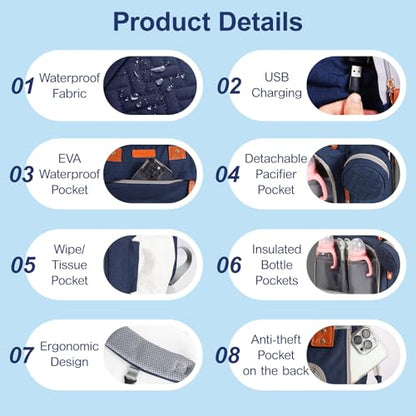JOYCE Diaper Bag Backpack with Changing Pad, Water-Resistant, Large Blue | Portable changing pad, insulated bottle pockets, stroller straps, pacifier case, Multi-Compartment storage - color: Blue