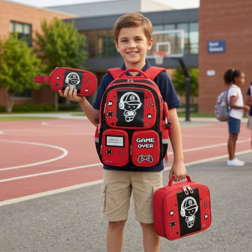 Boys Backpack, Luminous Gamer Backpack for Boys with Lunch Box,Pencil Case and Coin Puese,Kids Schoolbag Bookbag for Teen Boy Elementary Middle High School Travel(Black-Red) - color: Black-red
