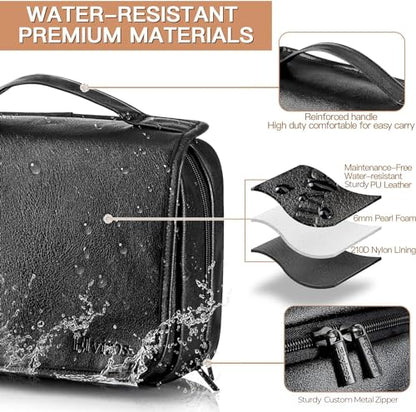 Elviros Hanging Toiletry Bag Removable Travel Bag PU leather Makeup Cosmetic Organizer Kit, Black - color: Black