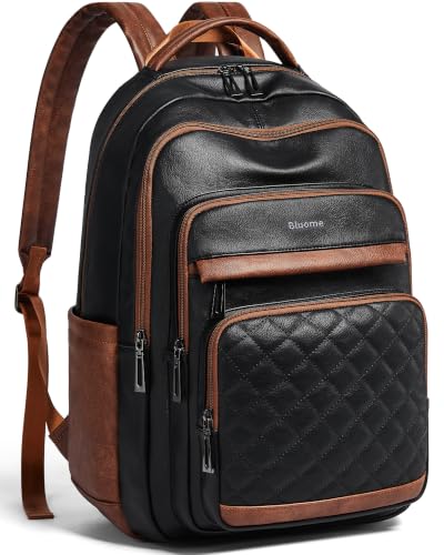 Bluome Work Backpack for Women Men, Laptop Vegan Leather Backpack Purse with 15.6–17 Inch Laptop, Multi-Pocket Bookbag for Office Travel Gym Weekend Overnight Bag, Black&Brown - color: Black&brown