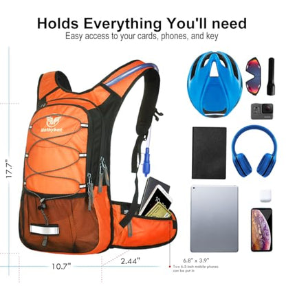 Mothybot Insulated Hydration Backpack Pack with 3L BPA Free Leak Proof Water Bladder, Large Storage Lightweight Hiking Daypack with Waist Pouches & Cooler Layer, for Running, Biking, Camping, Festival - color: Orange