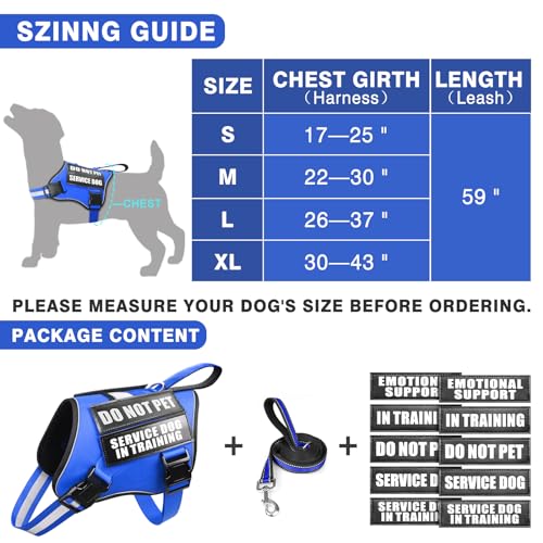 Service Dog Vest Harness and Leash Set+10 Patches,No Pull&Easy Walk Reflective Dog Harness with Soft Padded Handle for Training/Everyday,Fit Small/Medium/Large/Extra-Large Dogs (Blue L) - color: Blue, size: Large