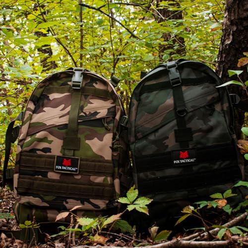 FOX OUTDOOR PRODUCTS Large Transport Pack | 37L Tactical Backpack with Compression Straps, Hydration Pocket & Modular Webbing - color: Woodland Camo
