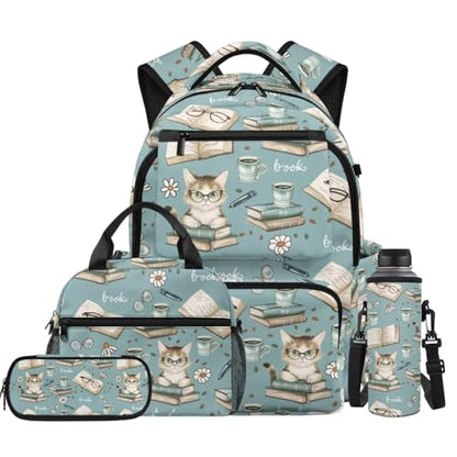 Book Cat Backpack for Girls 10-12 Kids School Backpack with Lunch Box Water Bottle Holder Pencil Case 4 Pieces Set Elementary School Backpacks for Girls Bookbag with Adjustable Straps - color: Book Cat