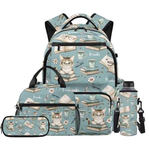 Book Cat Backpack for Girls 10-12 Kids School Backpack with Lunch Box Water Bottle Holder Pencil Case 4 Pieces Set Elementary School Backpacks for Girls Bookbag with Adjustable Straps - color: Book Cat