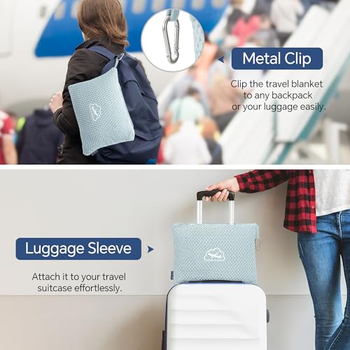 BEDELITE Travel Blanket with Bag, Ultra-Soft Jacquard Fleece Blanket with Luggage Sleeve & Backpack Clip, Airplane Blanket Travel Essentials, Blue - color: Blue