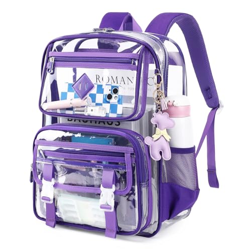 Sisipoet Clear Backpack for School, PVC Clear Bookbag Heavy Duty Transparent Backpack for Stadium Events See Through Bag - color: Dark Purple
