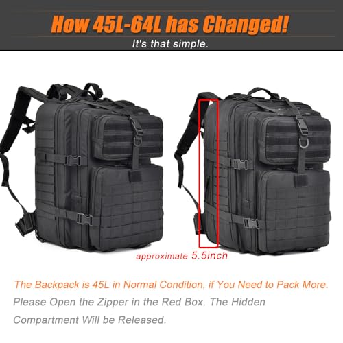 64L Large Tactical Backpack, Military Backpack, Molle Backpack, Tactical Bag, Hiking Daypacks (3, black)