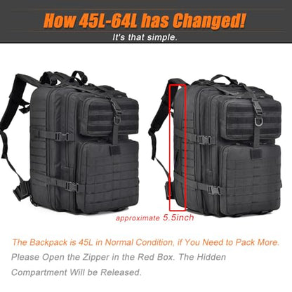 64L Large Tactical Backpack, Military Backpack, Molle Backpack, Tactical Bag, Hiking Daypacks (3, black)