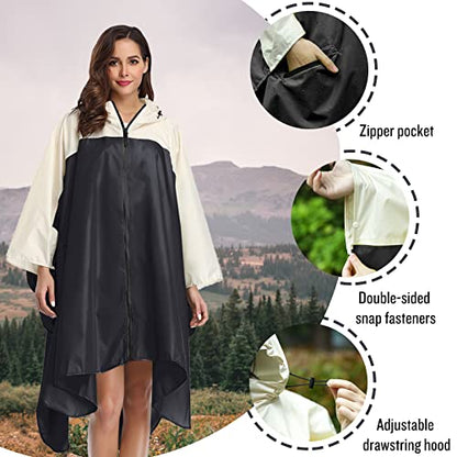 SaphiRose Unisex Rain Poncho Waterproof Raincoat Hooded for Adults Women with Pockets - color: A-black-white
