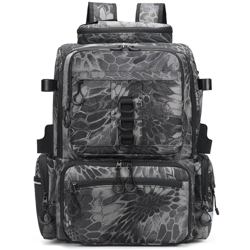 Rabjen Fishing Tackle Backpack, 45L Storage Waterproof Travel Bag Store Fishing Gear with Insulated Top Pocket - color: Camouflage Black, style: Standard Size 4 Tackle Boxes Not Included 900d Nylon