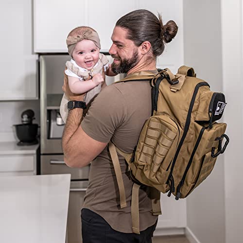 Tan Dad Diaper Bag - Molle-Style Military Diaper Backpack Made of Rugged 900D Waterproof Polyester with Wider Extra-Long Straps, Pouch for Dirty Diapers, Baby Wipes Dispenser & Insulated Pockets - color: Tan