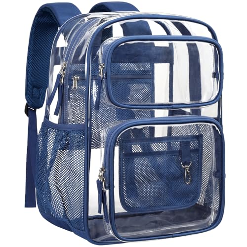 PACKISM Clear Backpack for School - 17 inch Large Heavy Duty Bookbag, Reinforced See Through PVC Transparent Backpack - color: Dark Blue, style: Daypack Backpacks