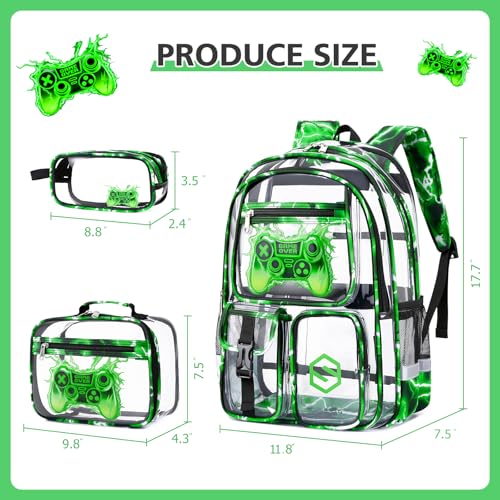 DIGOBAY 3PCS Cool Luminous Clear Backpack for Boys Kids, Gamer Clear Bookbag for School, See Through PVC Transparent Backpacks with Lunch Bag Pencil Case, Backpack Heavy Duty for School Stadium - color: Green Lightning