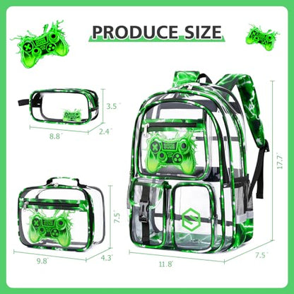 DIGOBAY 3PCS Cool Luminous Clear Backpack for Boys Kids, Gamer Clear Bookbag for School, See Through PVC Transparent Backpacks with Lunch Bag Pencil Case, Backpack Heavy Duty for School Stadium - color: Green Lightning