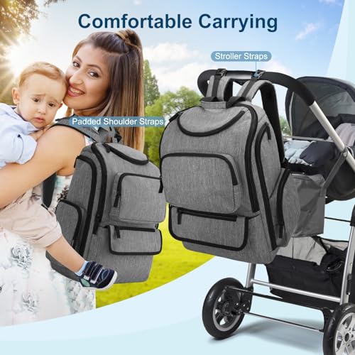 Mancro Diaper Bag Backpack, Baby Diaper Bag with 2 Side Insulated Pockets, Travel Diaper Backpack for Men Women with Stroller Straps, Large Capacity and Waterproof, Grey - color: Grey, size: Large