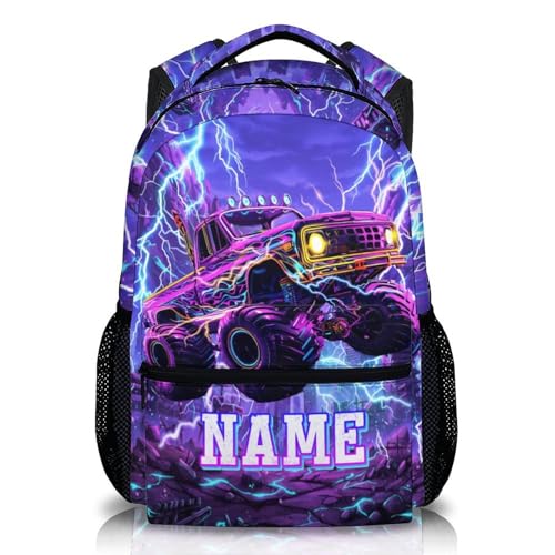 Boys Backpack Truck Backpacks Personalized Name for Kids Toddler, Large Capacity Bookbag for School Travel Outdoor - color: Purple