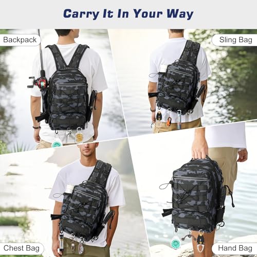 MoKo Fishing Backpack Sling Bag with Rod & Gear Holder, Nylon Waterproof Fishing Tackle Storage Bag for Fishing - color: Gray Camouflage