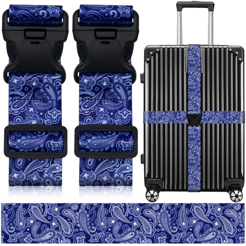 2 Pack Luggage Straps for Suitcases, Adjustable Travel Belt with Double Lock and Quick Release Buckle, Heavy Duty Nylon Bag Packing Strap, Bright Identifiers Business Travel Accessories-Blue Flowers - color: 24020 Blue Flowers