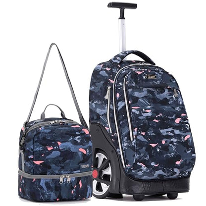 NEW TILAMI 19 Inch Rolling Backpack with Lunch Bag for Girls Boys Wheeled Laptop Backpack Durable Carry-on Bag School Travel, Doodle Grey - color: Doodle Grey