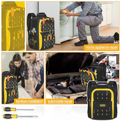 18Inch Electrician Tool Backpack with USB Port,Waterproof HVAC Tool Bag Backpack for Men,Heavy Duty Technician Backpack with 23 Pockets and S-shaped Shoulder Straps,Black & Yellow