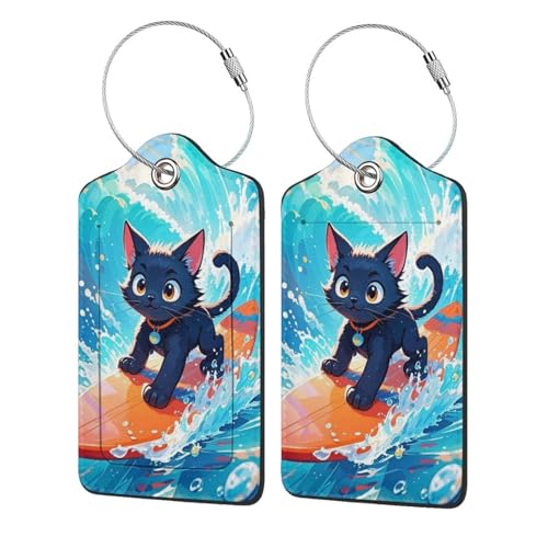 Luggage Tags for Suitcases Cute PU Leather Luggage Tags Surfing Cat Travel Name Tags Baggage Tags for Cruise Ships Airport Travel Essentials 2 Pack - color: Surf Cat