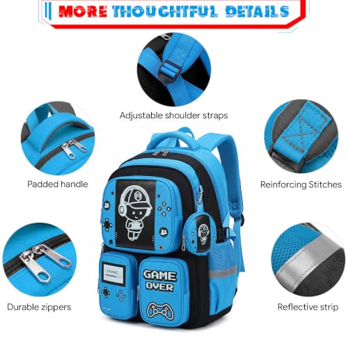 Boys Backpack, Luminous Gamer Backpack for Boys with Lunch Box,Pencil Case and Coin Puese,Kids Schoolbag Bookbag for Teen Boy Elementary Middle High School Travel (Black-Blue) - color: Black-blue