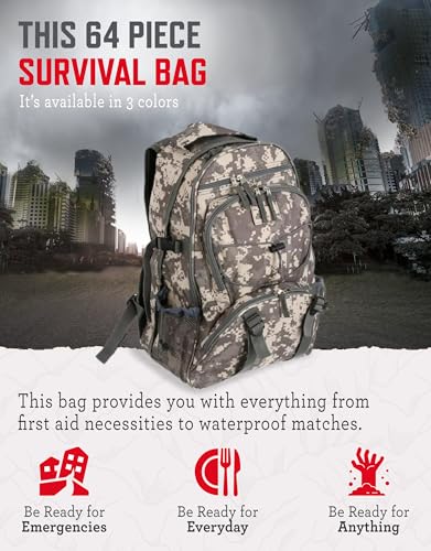 ReadyWise Emergency Survival Gear – Tactical Military Backpack, Camping Essentials Bug Out Bag & Survival Kit, Prepper & Hurricane Supplies, Meal Pouches with up to 25 Year Shelf Life, 64 Piece - color: Camo