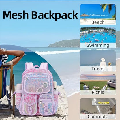Leopard Purple Mesh Backpack for Girls Boys, Mesh Bookbags Heavy Duty Semi-Transparent School Bag for College, Travel, Beach, Swimming, Sports - color: Leopard Purple