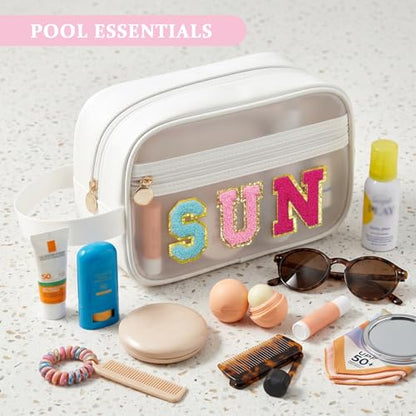 COSHAYSOO Clear SUN Makeup Bag Sunscreen SPF Pouch Beach Pool Lake Spa Travel Cosmetic Toiletry Stuff Organizer for Women Teenage Girls Mothers Day Nurse Appreciation Graduation Preppy Gifts - color: White-SUN