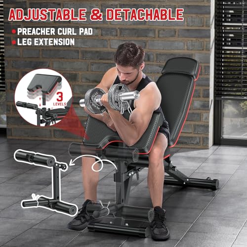 XDDIAS Workout Bench, Adjustable Weight Bench with Leg Extension and Leg Curl, Extended Headrest, 900LBS Preacher Curl Bench Incline Decline Flat Workout Bench for Home Gym Full Body Exercise - color: Black+Textural